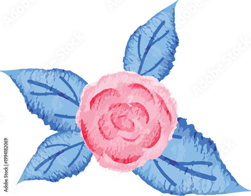 A delicate pink rose with vibrant blue leaves, painted in a watercolor style, perfect for floral designs and nature-themed projects