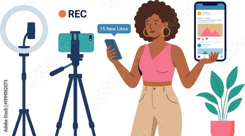 Woman recording video with smartphone and camera equipment nearby indoors