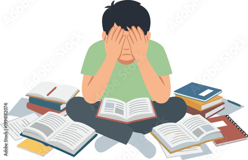 A frustrated student sits on the floor surrounded by books and notes feeling overwhelmed.