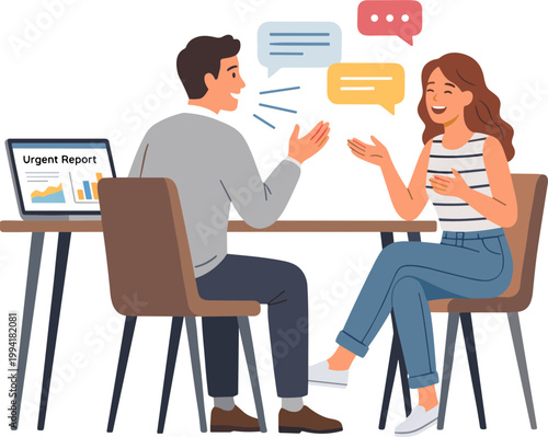 Colleagues discussing report sitting at office table with speech bubbles