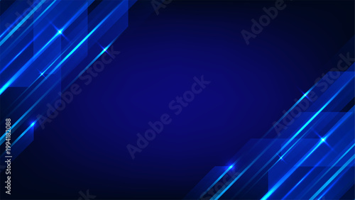 Blue technology background with neon light lines and glowing geometric shapes on dark gradient