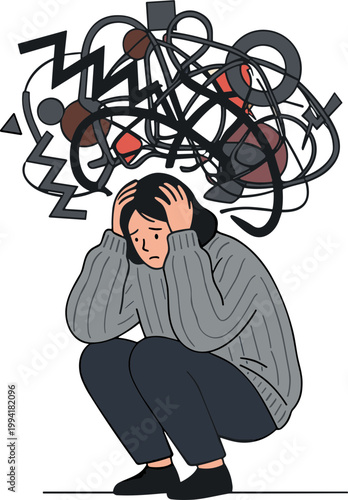 Person overwhelmed by chaotic thoughts and emotions while sitting