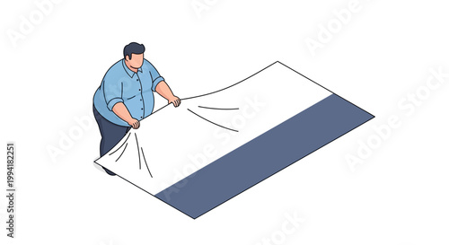 Man Carefully Spreading a Large White and Blue Sheet.