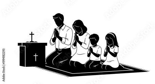 Christian family praying together in front of an altar. Father, mother, son, and daughter kneeling in prayer. Minimalist black and white vector illustration of religious devotion and family values.