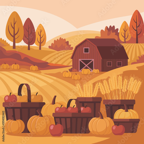 Autumn farm landscape with pumpkins, apple baskets, and wheat sheaves