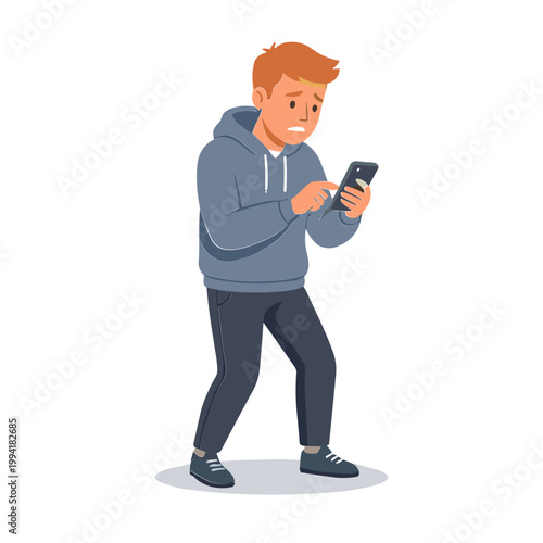 Man walks while looking at phone with surprised expression on face