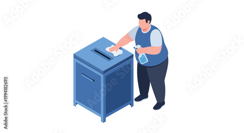 Man Cleaning Voting Box with Spray Bottle and Cloth.