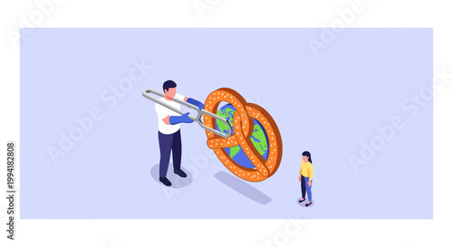 Man Cutting World Pretzel with Scissors, Symbolizing Global Issues.
