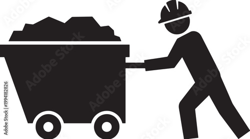 Man pushing mining cart filled with ore through a dark tunnel underground