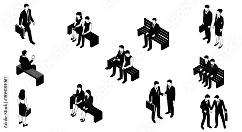 black and white isometric vector set of business people waiting networking and illustrating corporate life concepts.