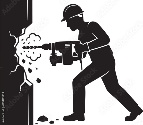 Construction worker drilling into concrete wall with jackhammer tool outdoors.