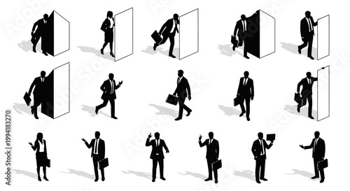 silhouettes of businessmen and businesswomen entering and exiting doors diverse office work