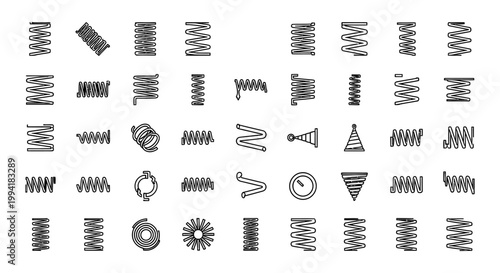 different spring icons with diverse shapes for mechanical engineering illustrating concepts of elasticity force and resilience in a clear outline vector style.
