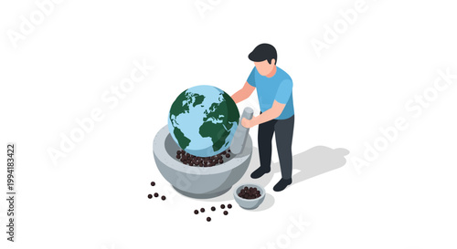 Man grinding the world in a mortar, environmental concept.