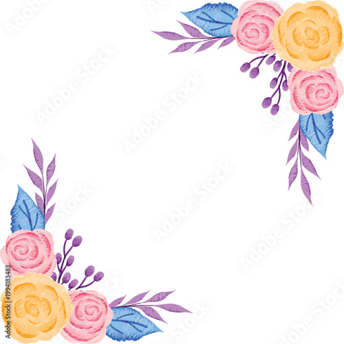 border watercolor floral corner design featuring soft pink and yellow roses with elegant purple foliage, ideal for decorative borders, invitations, and romantic themed projects