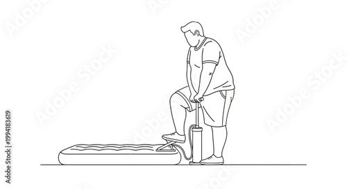 Man Inflating Air Mattress with Foot Pump for Camping Trip.