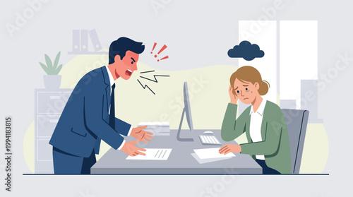 Angry Male Boss Yelling at Stressed Female Employee in Toxic Office Environment Flat Vector Illustration