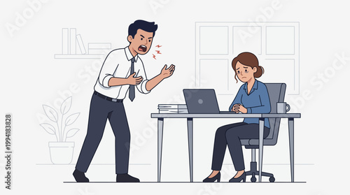 Frustrated Male Manager Shouting at Stressed Woman Worker at Desk Vector Illustration