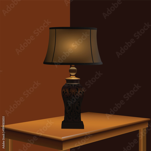 Elegant vintage bedside table lamp with warm glow on a minimal interior background.