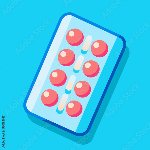 Blister Pack of Round Red Pills Isolated on Blue
