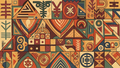 Vibrant abstract composition of geometric shapes and symbols in earthy tones, creating a visually striking mosaic pattern.