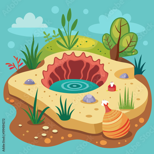 Cartoon Mollusk Burrowing in Mudflat with Water Hole