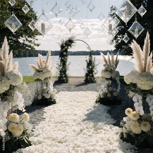 A luxury outdoor wedding aisle covered in white petals and diamond lanterns, set in a picturesque natural background