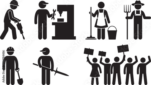 Workers engaged in various industrial and agricultural activities with colleagues.