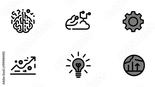 AI and Technology Icons: A collection of concise icons representing key concepts in artificial intelligence and technology. They communicate innovation, efficiency, and intelligence