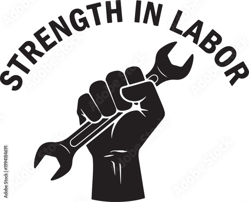 A clenched fist holds a wrench in a powerful labor symbol illustration.