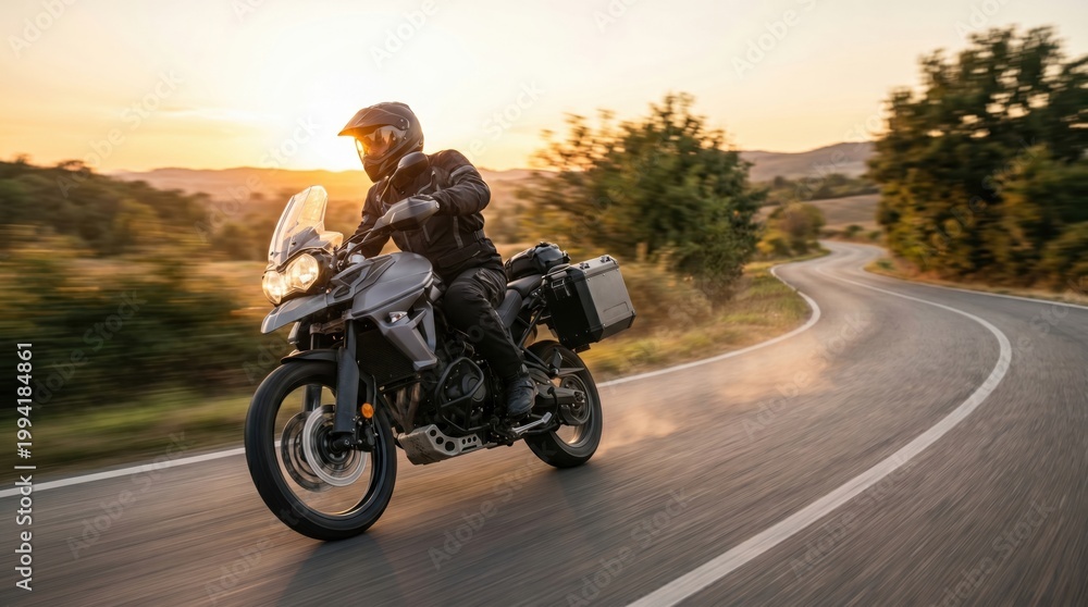 Obraz premium Professional motorcyclist riding a touring motorcycle on a winding country road at sunset. Adventure rider traveling through scenic landscape with motion blur and luggage on a long distance road trip.