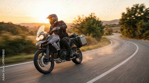 Professional motorcyclist riding a touring motorcycle on a winding country road at sunset. Adventure rider traveling through scenic landscape with motion blur and luggage on a long distance road trip.