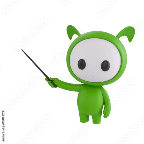 Tableau sur toile Cute 3D render Little Green Monster character pointing to the side with a stick, explaining or teaching something, friendly mascot style, isolated on white background