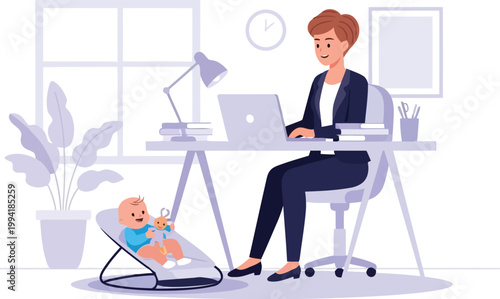 Female Executive Working on Laptop at Professional Home Office Desk with Baby in Bouncer
