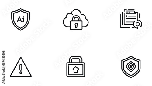 Secure Data: A collection of icons representing digital data security, encompassing aspects from artificial intelligence to data lock, signifying the protection and safeguard of information.