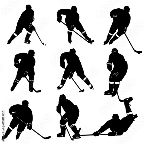 Vector illustration of ice hockey players in various poses, black silhouettes