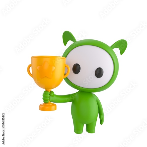 Cute 3D render Little Green Monster character standing and holding up a trophy, proud and celebratory pose, isolated on white background.