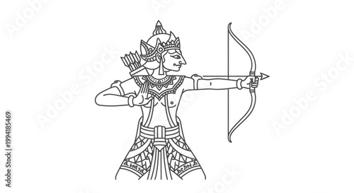 Traditional Archer Warrior in Ethnic Costume Aiming Bow and Arrow - Outline Drawing