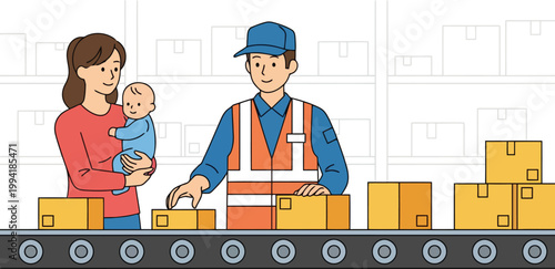 Mother and Baby Watching Logistics Worker Packing Boxes on Conveyor Belt in Warehouse