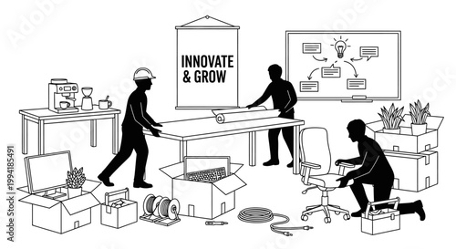 Innovate and grow workspace preparation, industrial and office relocation concept.