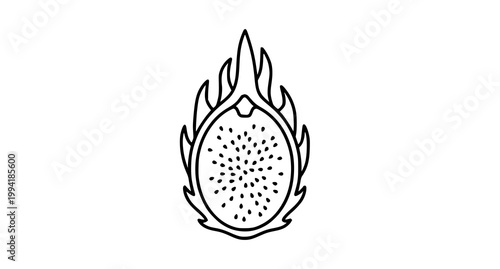 A minimalist black and white line drawing depicts a halved dragon fruit showcasing its vibrant speckled flesh and scaly exterior