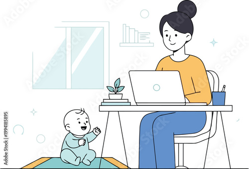 Mother Working on Laptop at Home Office Desk with Baby Playing Nearby