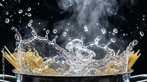 Boiling pot with spaghetti and water splashing against black backdrop  
