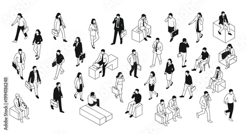 isometric business people in motion and at rest working and communicating