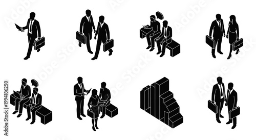 isometric business people vector set of silhouettes for corporate life showing teamwork and communication.