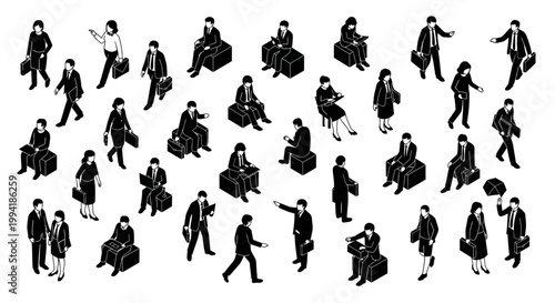 isometric people in business attire with briefcases and laptops in various poses