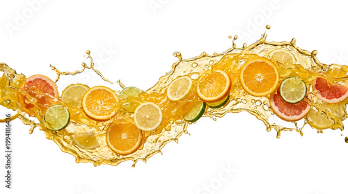 Fresh Citrus Juice Splash with Floating Orange Lemon Slices, Isolated PNG, Juicy Liquid Banner Composition