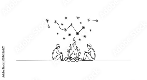 Continuous line drawing of two people sitting by a campfire under the starry night sky.