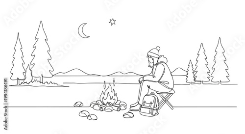 A solitary hiker relaxing by a campfire in a hand drawn sketch style.