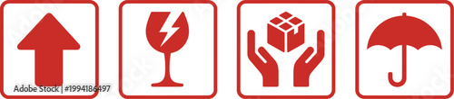Packaging symbol icon set, vector illustration of fragile box warning labels handle with care keep away from water and shipping care icons for logistics design.